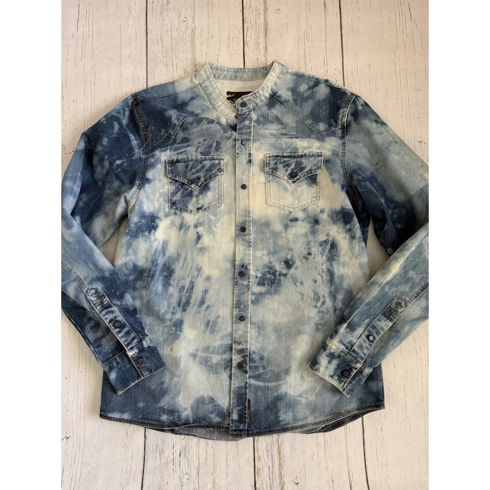 Ring of Fire‎ Mens Shirt XL acid wash Blue Denim Snap Front Western Cowboy